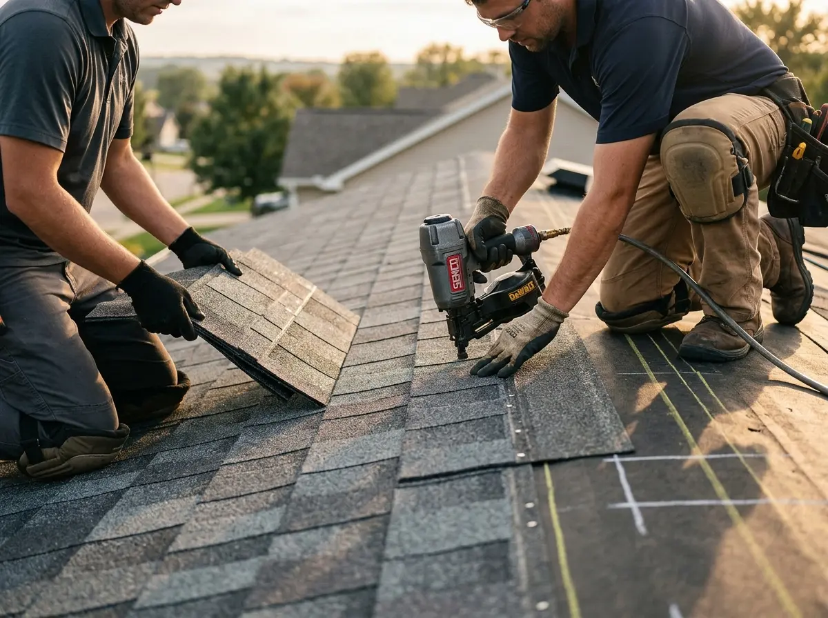 Professional roofer working on a residential roof in Lincolnton